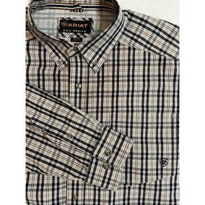 Ariat‎ Pro Series Shirt Mens XXL Button Down L/S Navy Gold Plaid Casual Oxford